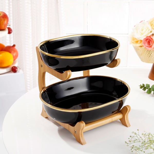 Chic Two-tiered Ceramic Fruit Plate With Wooden Holder