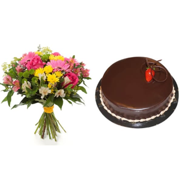 Chocolate Cake with Bunch of Mixed Flowers