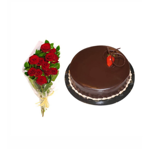 Chocolate Cake with Dozen Red Roses