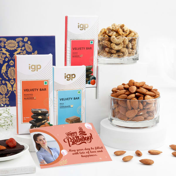 Chocolates And Flavoured Dry Fruits With Personalized Birthday Card