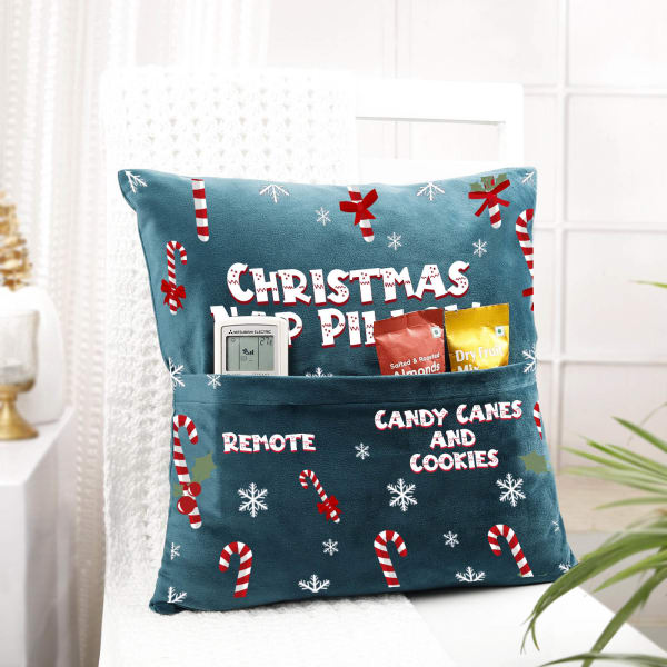 Christmas Nap Personalized Velvet Pocket Cushion - Blue