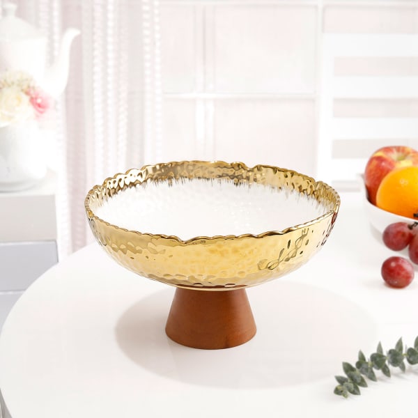 Classic Gold and White Ceramic Bowl With Wooden Stand