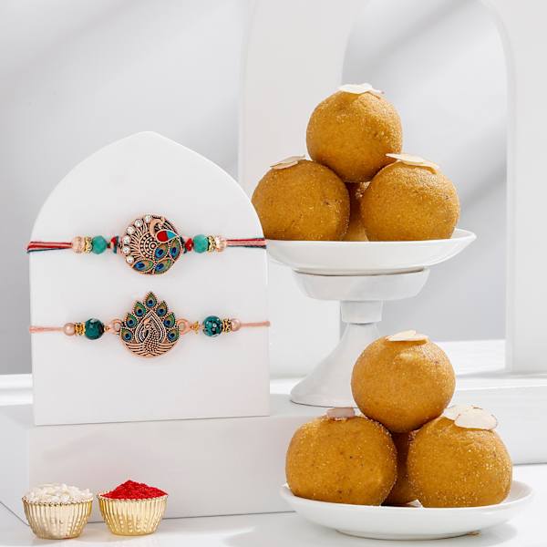 Classic Peacock Rakhi And Besan Laddoos Combo