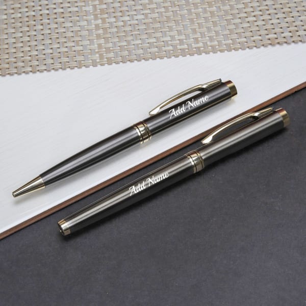 Classy Grey And Gold Personalized Pens (Set of 2)
