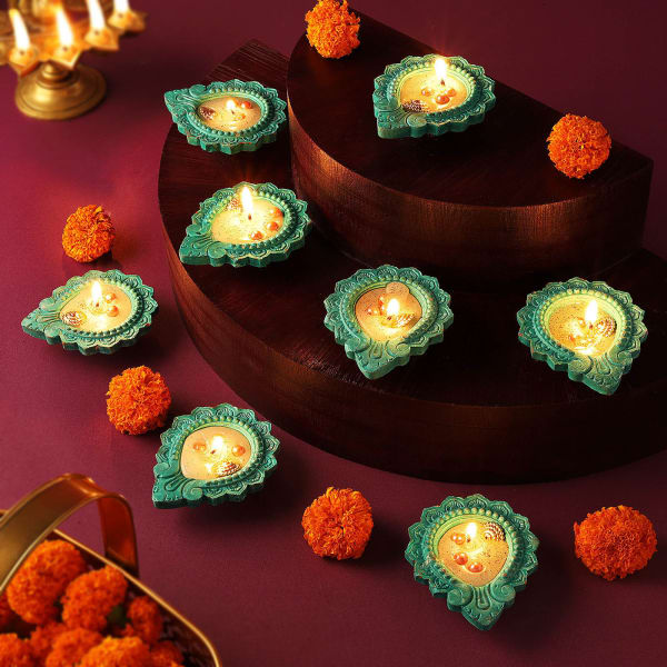 Clay Diyas With Pearls - Set Of 8