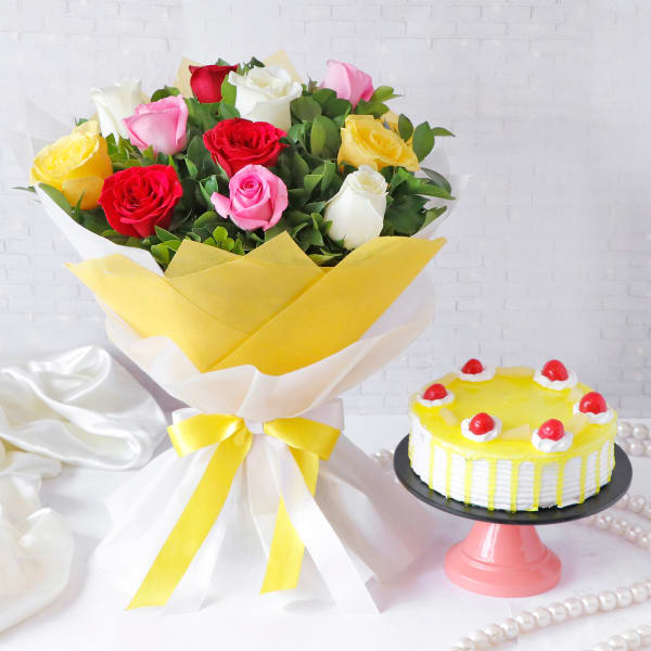 Colorful Assorted Roses Flower Bouquet with Pineapple Cake (Eggless) (Half Kg)