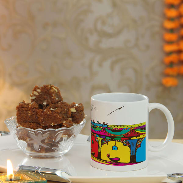 Colorful Diwali Mug with Dodha Barfi