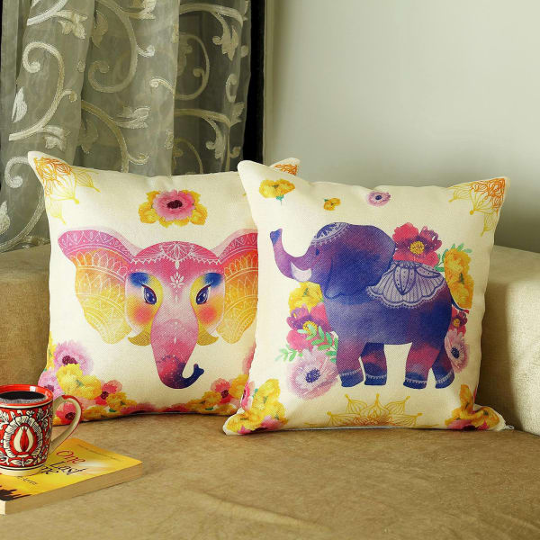 Colorful Elephant & Flower Design Jute Cushion (Set Of 2)