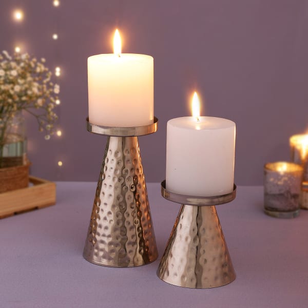 Conical Metal Candle Stands With Candles (Set of 2)