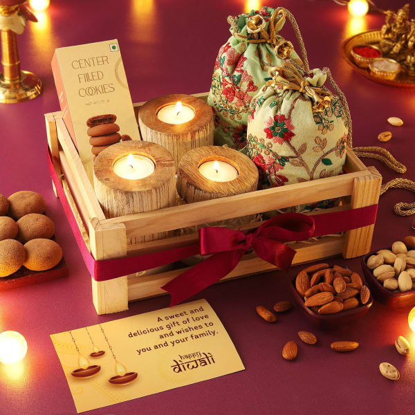 Cookies And Dry Fruits With Potli In Wooden Tray