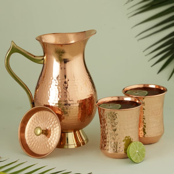 Copper Jug With Lid And Glasses (Set of 3)