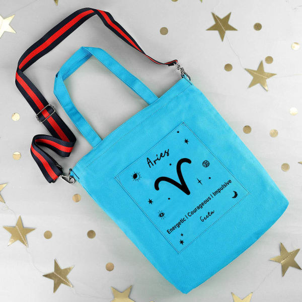 Cosmic Sign - Pop Blue Personalized Canvas Tote Bag With Sling - Aries