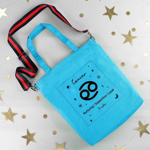 Cosmic Sign - Pop Blue Personalized Canvas Tote Bag With Sling - Cancer