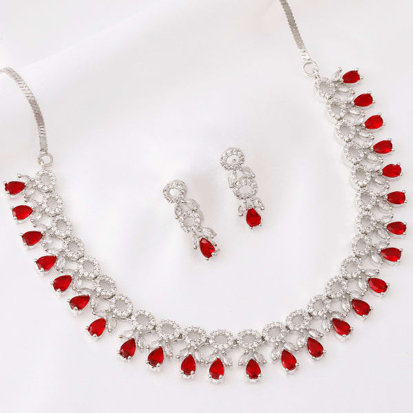 Crimson Elegance - Ruby Red Drop CZ Necklace with Earrings