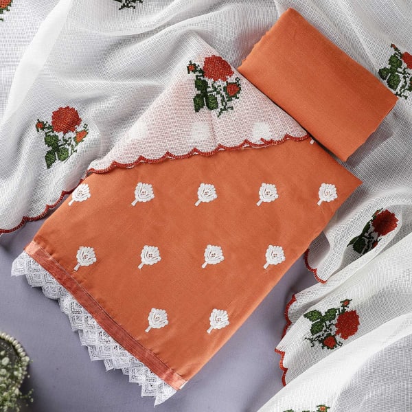 Cross Stitch Embroidery Cotton Slub Dress Material