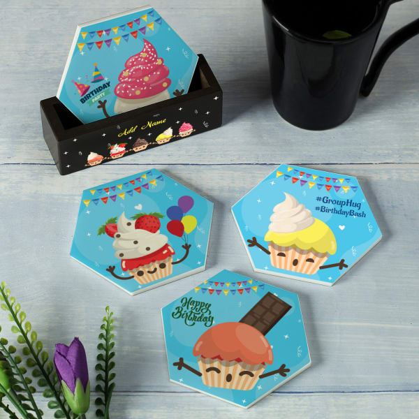 Cupcakes Themed Personalized Birthday Coaster Set