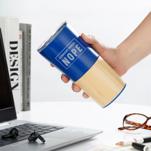 Current Mood: Nope - Personalized Blue Tumbler With Wooden Base
