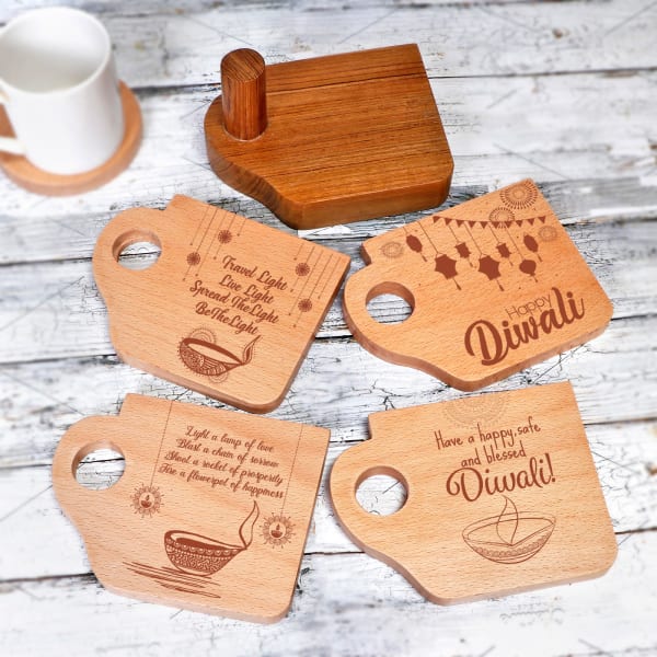 Customized Wooden Diwali Coaster Set of 4 with Holder