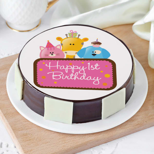 Cute Animals First Birthday Cake for Girls (Half Kg)