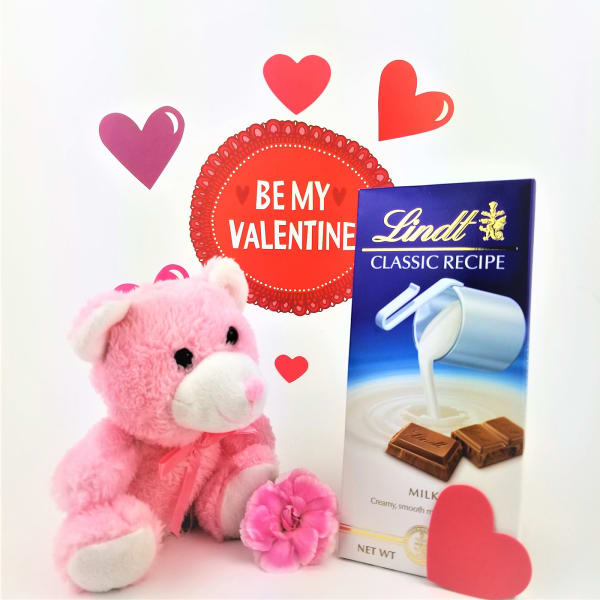 Cute Pink Teddy with Lindt White Chocolate Bar