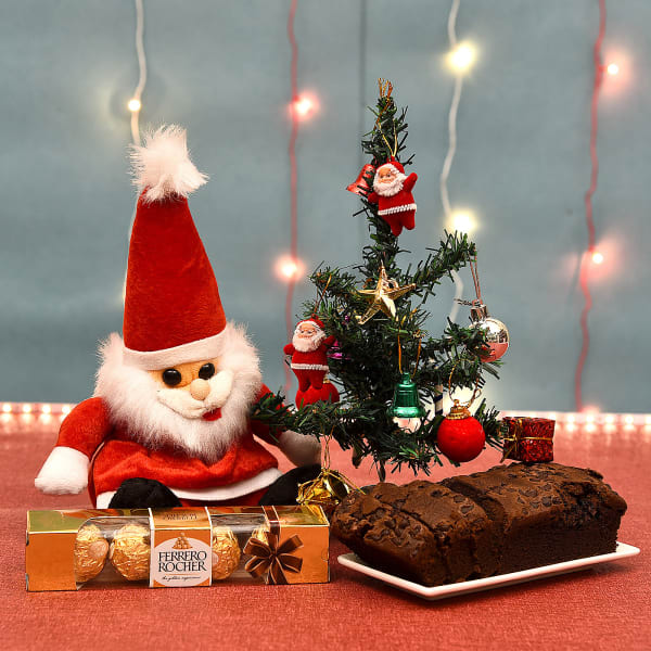 Cute Santa Teddy With Chocochip Cake And Christmas Decor Items Gift Send Gifts Online L11108192 Igp Cute Santa Teddy With Chocochip Cake
