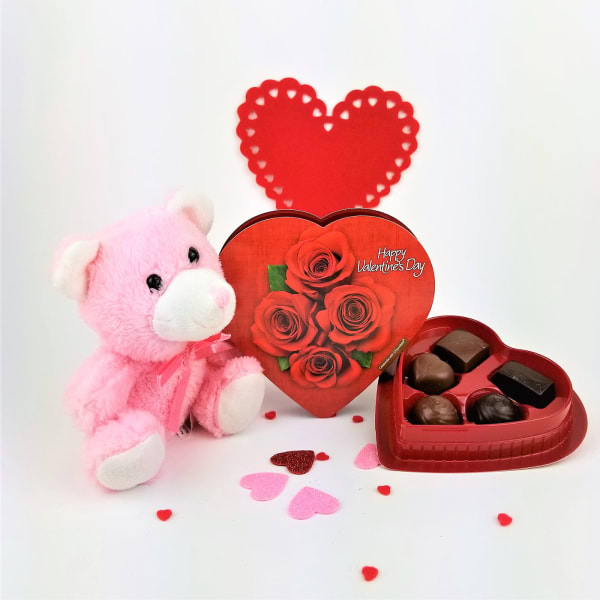 Cute Teddy with Assorted Chocolates in Heart Shaped Box