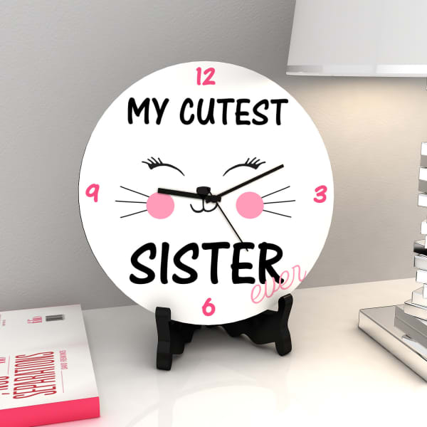 Cutest Sister Ever Round Clock With Wooden Stand