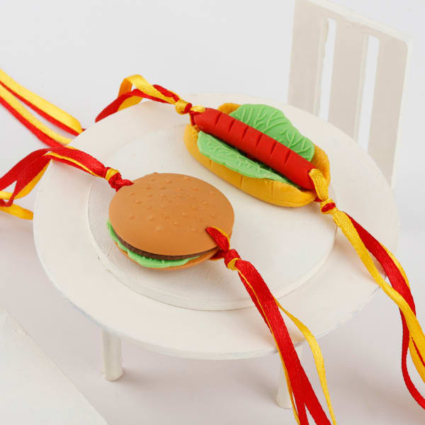Cutesy Hot Dog & Burger Eraser Rakhi For Kids Set Of 2