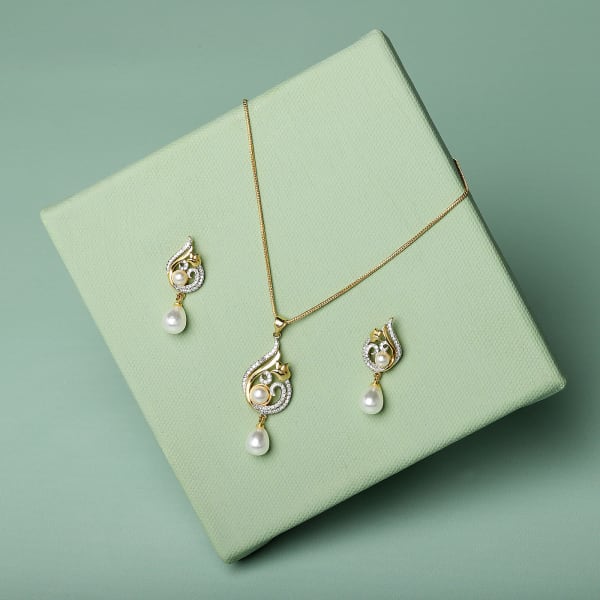 CZ and Pearl Pendant and Earrings Set