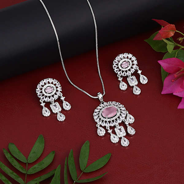CZ Necklace With Pendant And Drop Earring Set - Pink