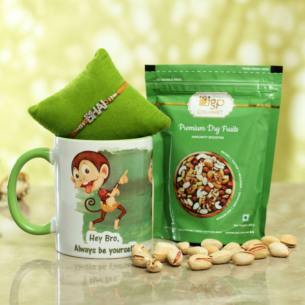 CZ Stone Rakhi with Customized Mug & Dry Fruits