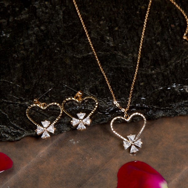 CZ Stone Studded Heart Shaped Gold Plated Necklace Set