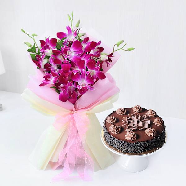 Decadent Chocolate Truffle Cake With Orchids Bouquet Combo