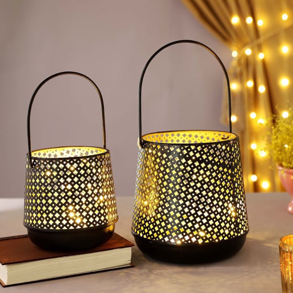 Decorative Lantern With LED String Light - Black (Set of 2)