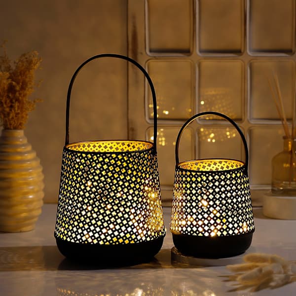 Decorative Lantern With LED String Light - Black (Set of 2)