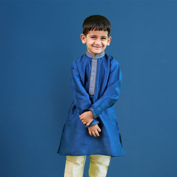 Deep Blue Art Silk Kurta Set for Kids