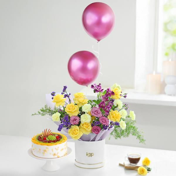 Delightful Colourful Balloons Roses And Mixed Fruit Cream Cake Combo