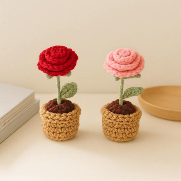 Delightful Crochet Rose Pot Duo