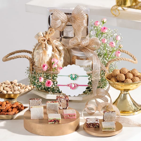 Delightful Treats Rakhi And Metal Basket Hamper