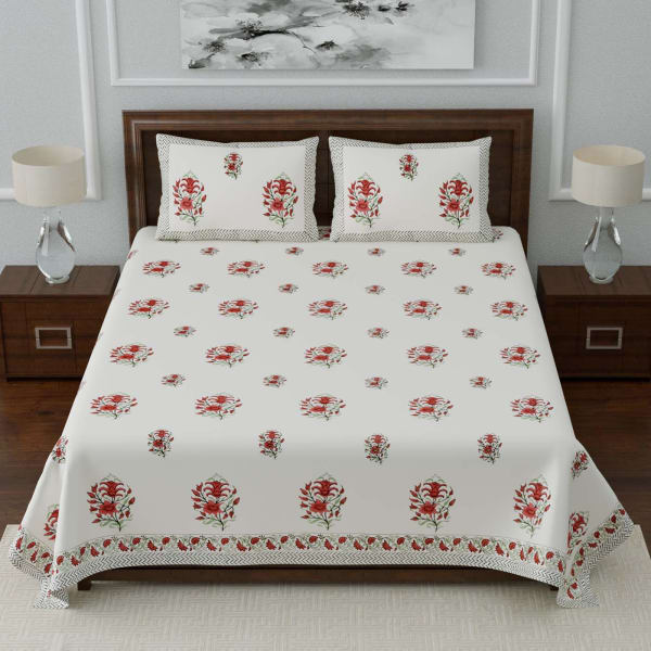 Designer Block Printed Double Bedsheet with Pillow Covers