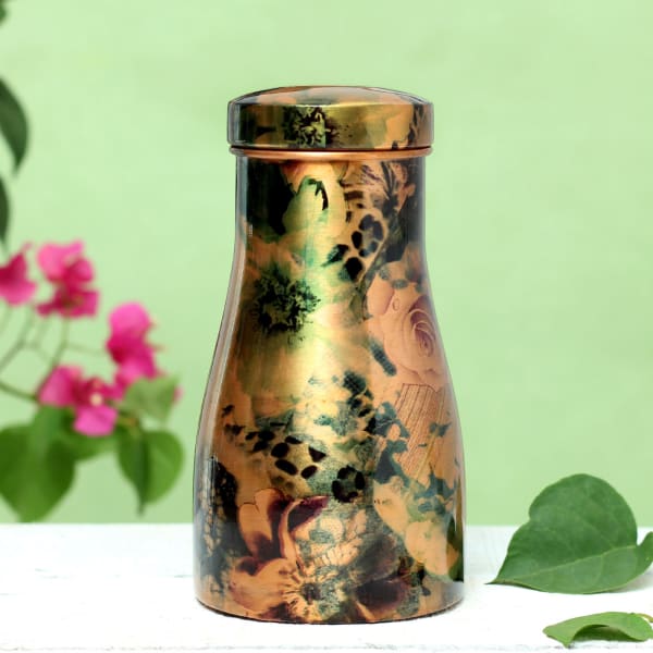 Designer Copper Water Bottle with Drinking Glass Lid