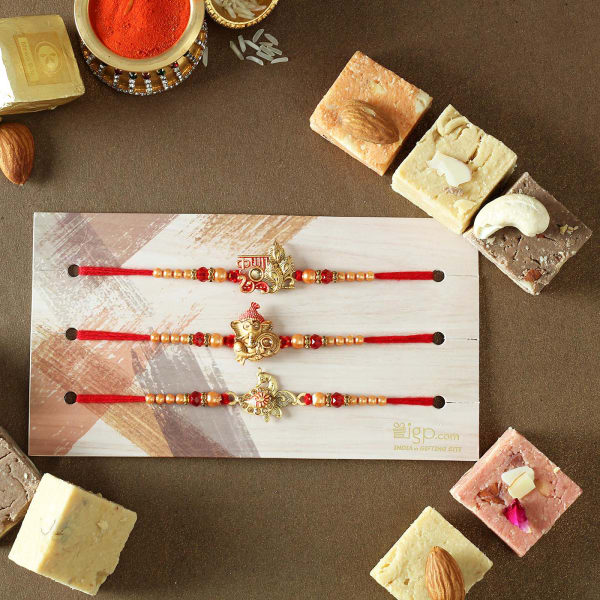 Designer Ganesha, Krishna & Peacock Rakhi with Mewa Bites