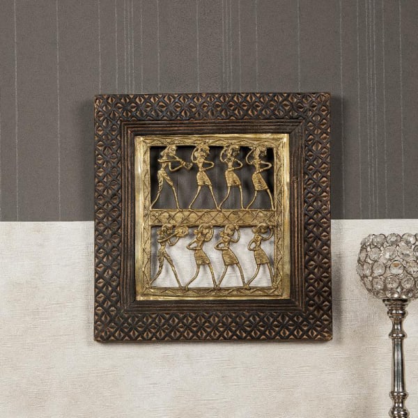 Dhokra Art Brass Handcrafted Tribal Dance Wall Decorative in Mango Wood