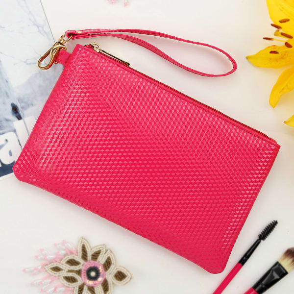 Diamante Textured PU Wallet With Wristlet - Pink