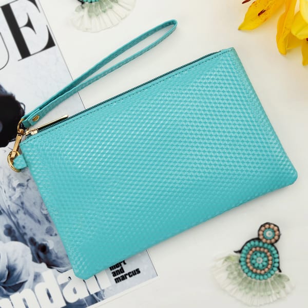 Diamante Textured PU Wallet With Wristlet - Turquoise