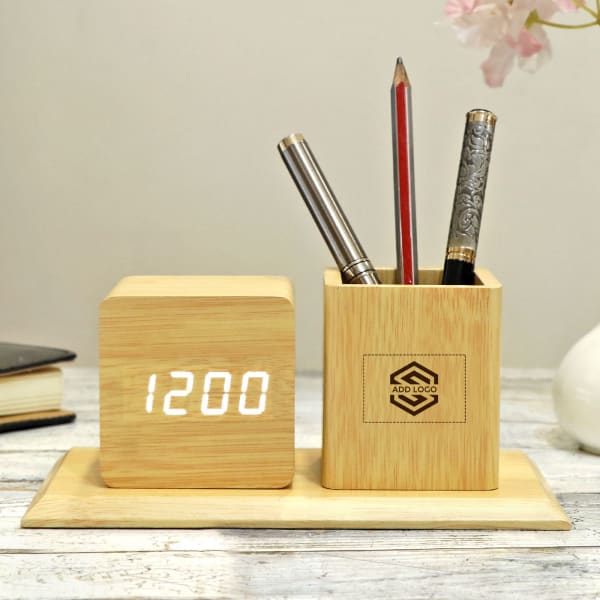 Digital Wooden Clock with Pen Stand - Customized with Logo