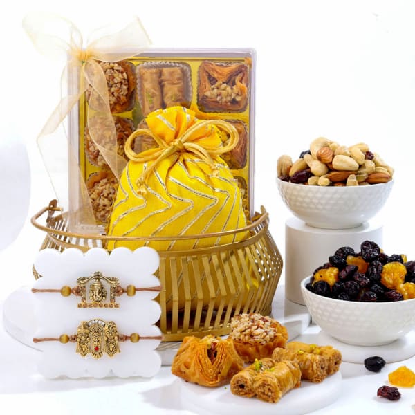 Divine Rakhis And Baklava Delights With Golden Basket