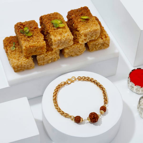 Divine Rudraksha Bracelet Rakhi And Sweets Combo