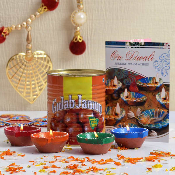 Diwali Card With Four Earthen Diyas & Gulab Jamun 1 Kg