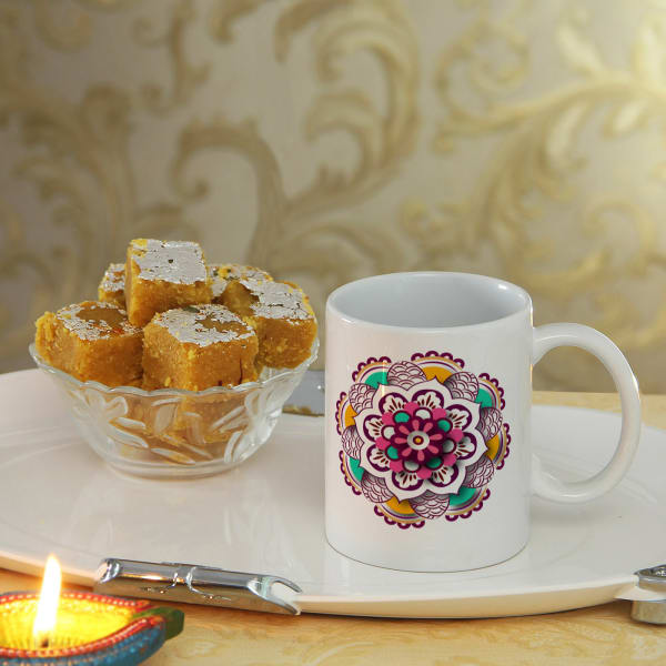 Diwali Design Ceramic Mug with Moong Badam Barfi